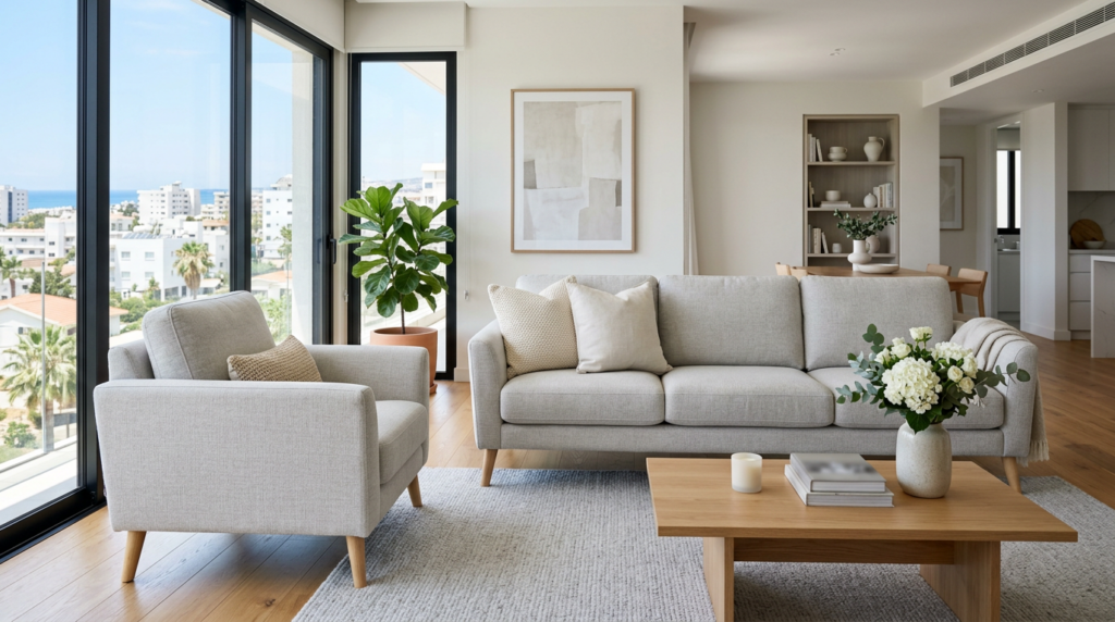 Freshly cleaned sofa and armchair in a bright modern Limassol home