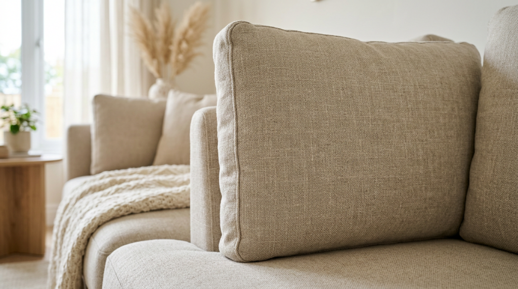 Close-up of freshly cleaned sofa cushions with detailed fabric texture