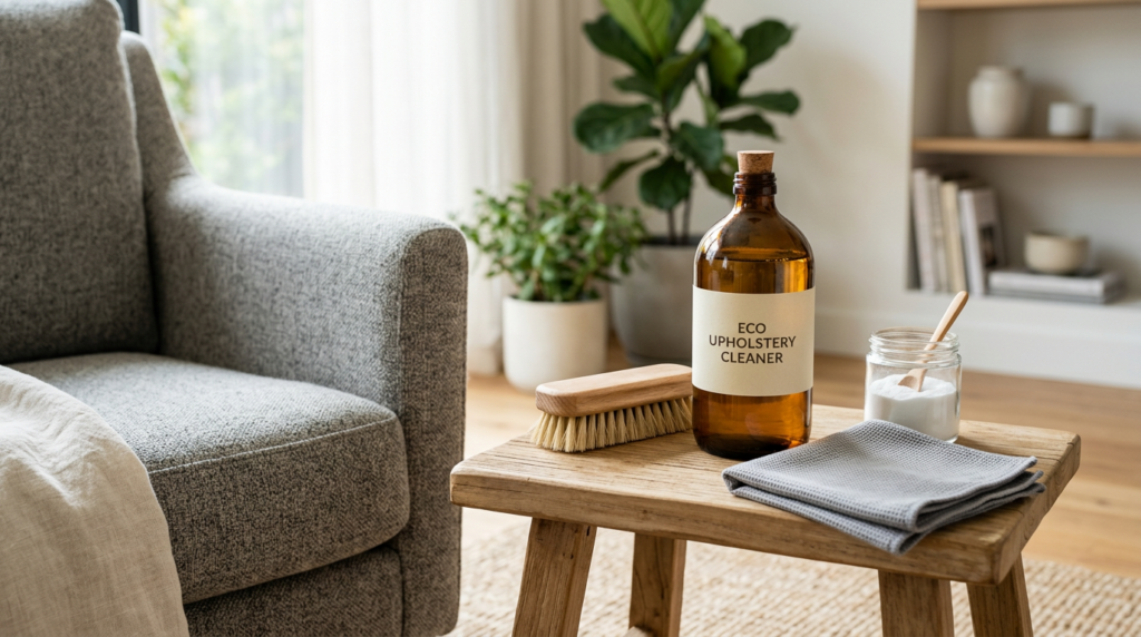 Eco-friendly upholstery cleaning products beside a clean fabric chair