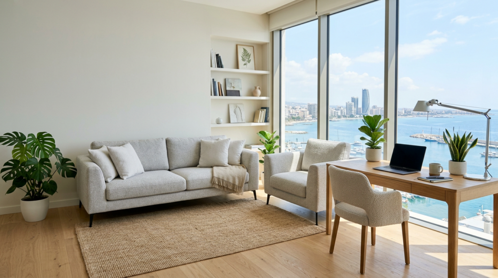 Freshly cleaned upholstered furniture in a clean home and office interior