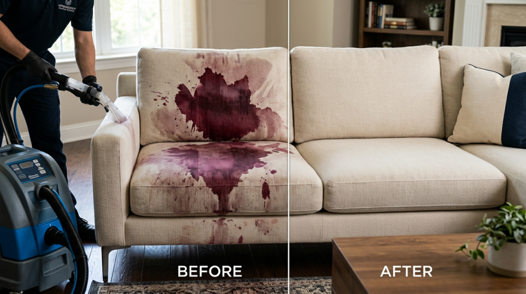 Before-and-after wine stain removal from a cream upholstered sofa