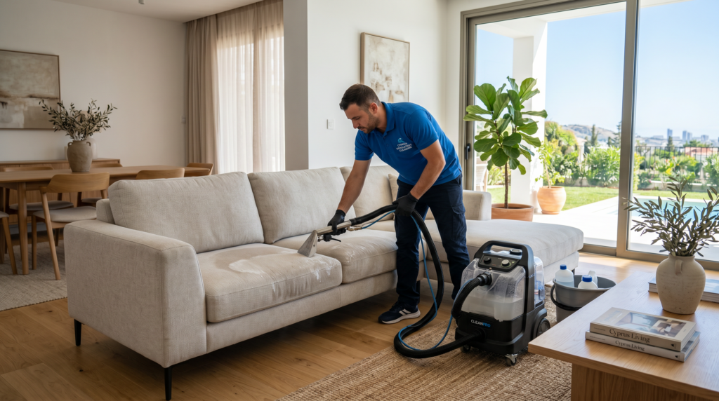 Professional upholstery cleaning service in Germasogeia inside a modern coastal home Prompt: