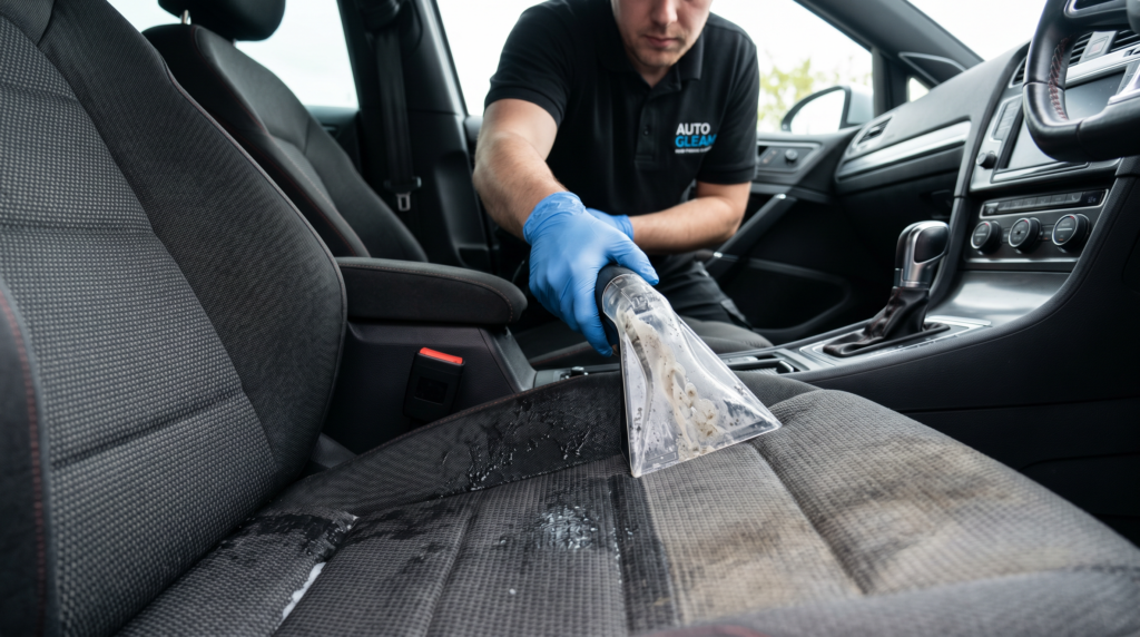 Technician cleaning a stained fabric car seat